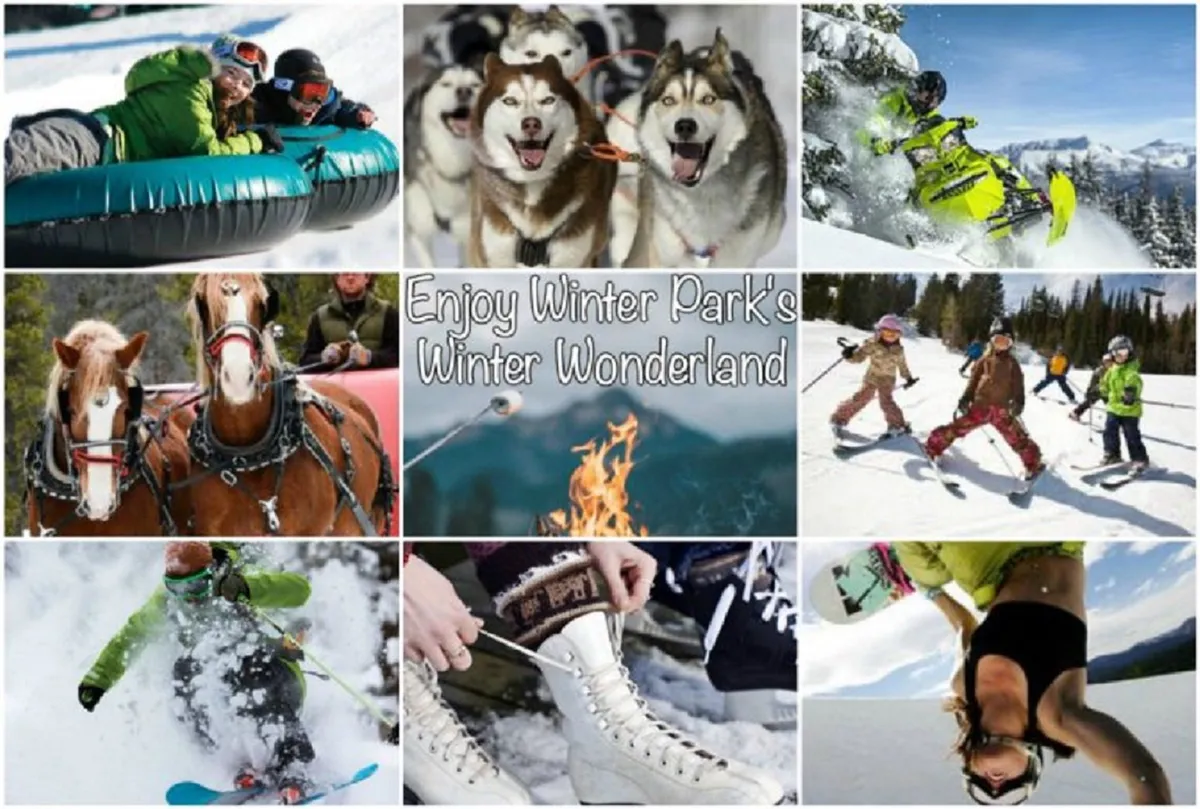 A lively winter scene showing people tubing, dog sledding, riding snowmobiles, and sleigh rides pulled by horses. Children play in the snow while others warm up by a cozy fire, capturing the excitement of a festive winter wonderland.