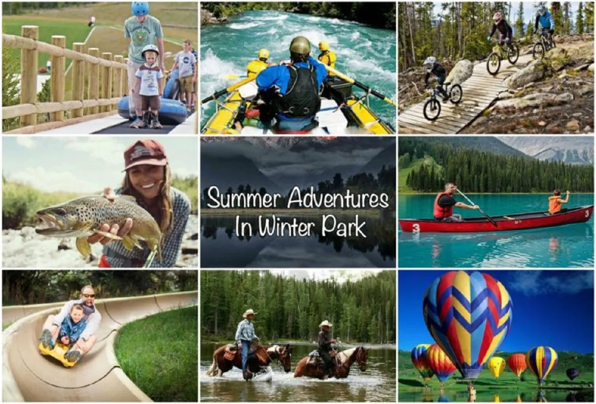 An energetic outdoor scene featuring families engaging in a variety of adventurous activities: kayaking on the river, mountain biking, horseback riding, and even a hot air balloon floating overhead. The landscape is vibrant, with lush greenery and distant mountains setting a dynamic and inviting backdrop for fun.