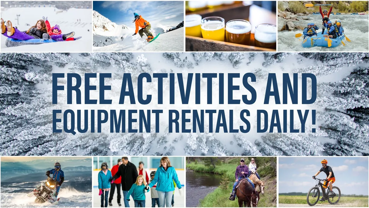 This vibrant image features a group of people engaging in a variety of outdoor adventure activities, including snowboarding, skiing, mountain biking, and white water rafting. Friends are also shown enjoying drinks together, emphasizing both the thrill of the outdoors and the social aspect of the experience.